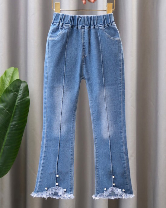 【2Y-13Y】Girl Fashion Flowers And Beads Blue Jeans