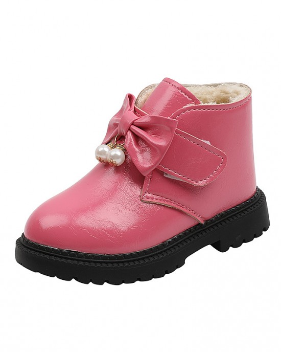 Girls Fashion Bow PU Boots Warm Fleece Shoes