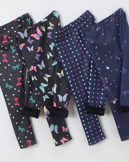 【2Y-13Y】Girls Casual Butterfly & Houndstooth & Flowers Fleece Leggings