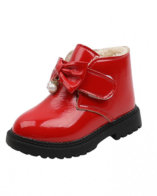 Girls Fashion Bow PU Boots Warm Fleece Shoes