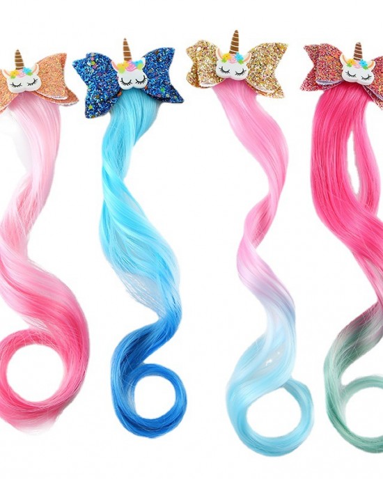 Girls Cute Unicorn Hair Clips Gradient Color Wig