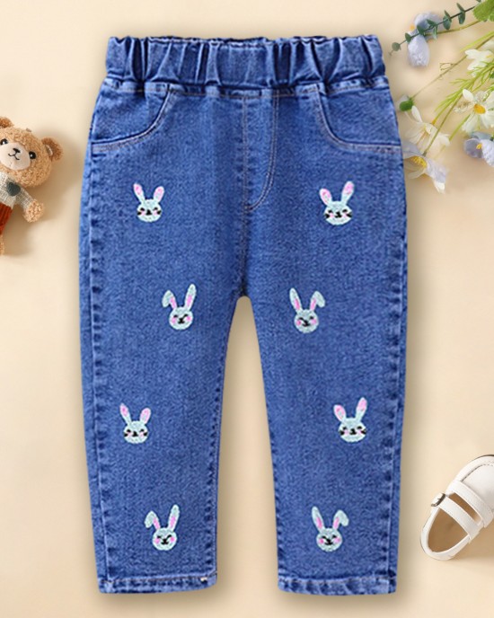 【12M-5Y】Girls Cute Bunny And Cartoon Embroidery Blue Jeans