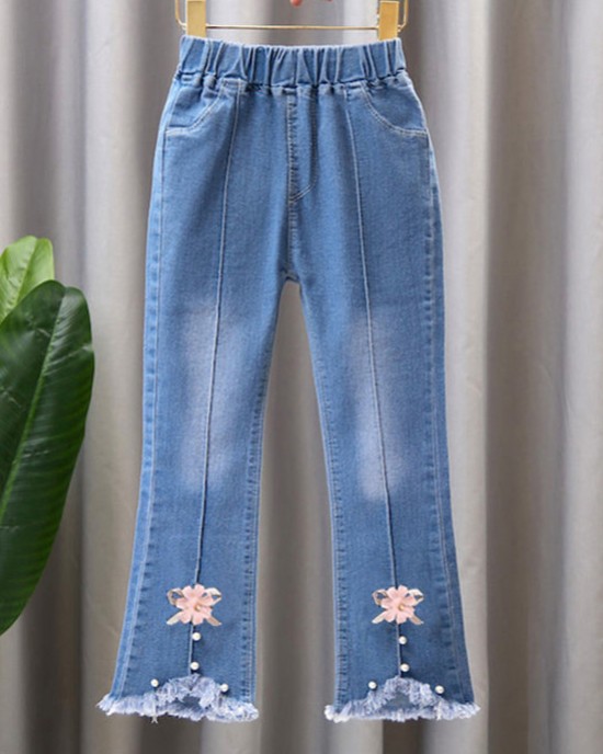 【2Y-13Y】Girl Fashion Flowers And Beads Blue Jeans