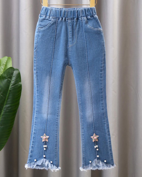 【2Y-13Y】Girl Fashion Flowers And Beads Blue Jeans