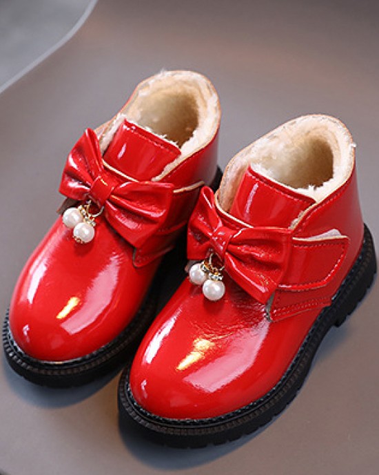 Girls Fashion Bow PU Boots Warm Fleece Shoes