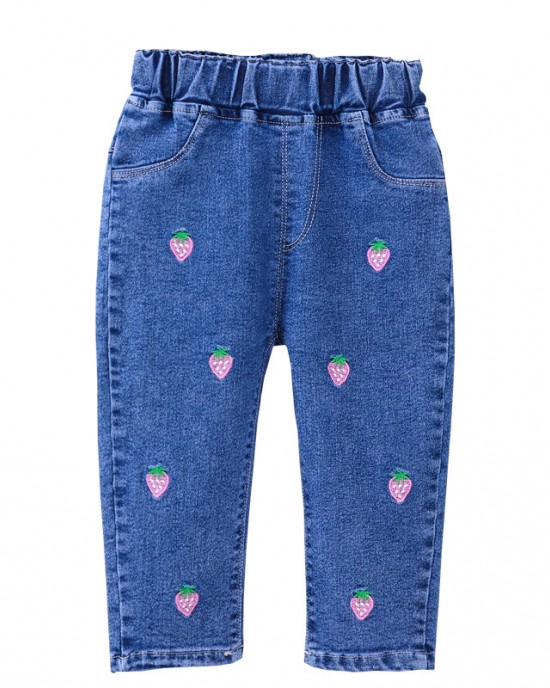 【12M-5Y】Girls Cute Bunny And Cartoon Embroidery Blue Jeans