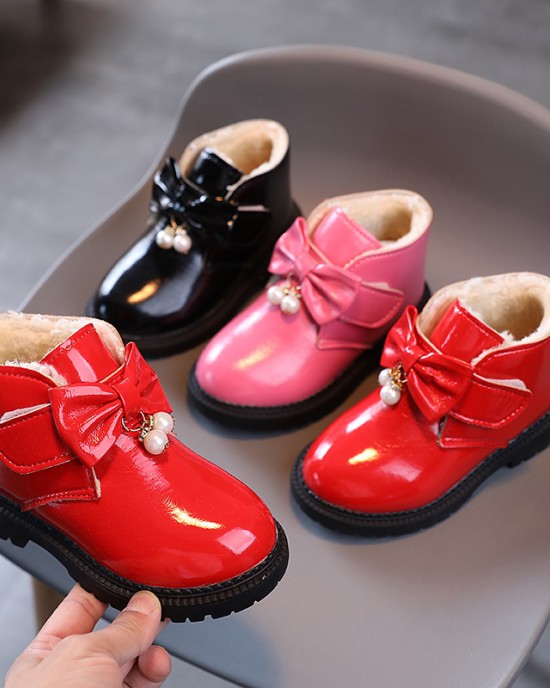 Girls Fashion Bow PU Boots Warm Fleece Shoes