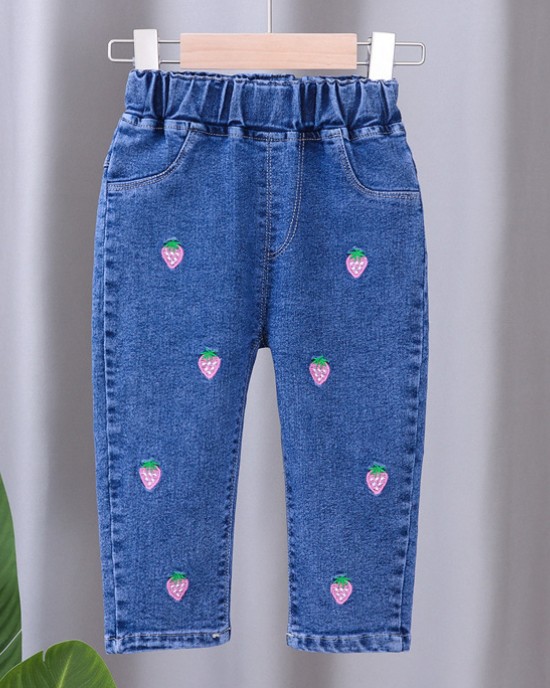 【12M-5Y】Girls Cute Bunny And Cartoon Embroidery Blue Jeans