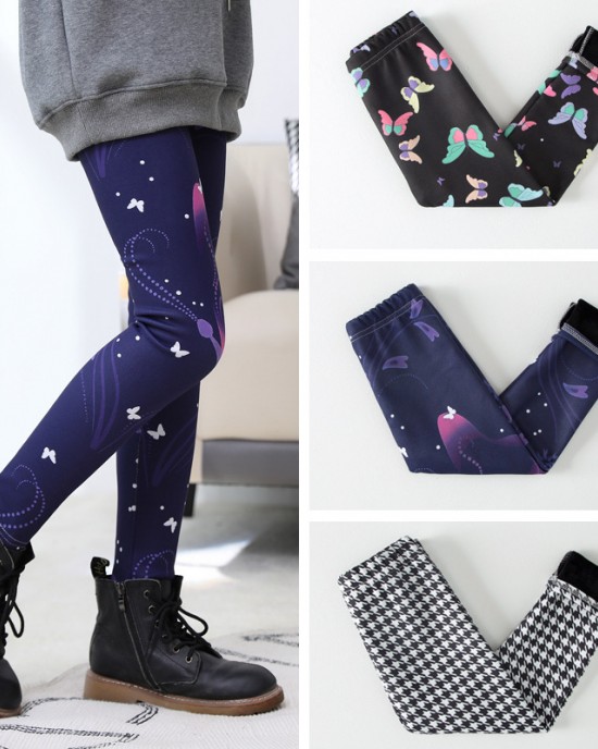 【2Y-13Y】Girls Casual Butterfly & Houndstooth & Flowers Fleece Leggings