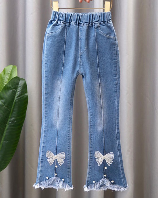 【2Y-13Y】Girl Fashion Flowers And Beads Blue Jeans