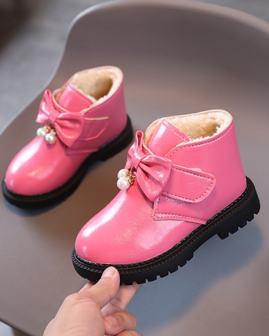 Girls Fashion Bow PU Boots Warm Fleece Shoes