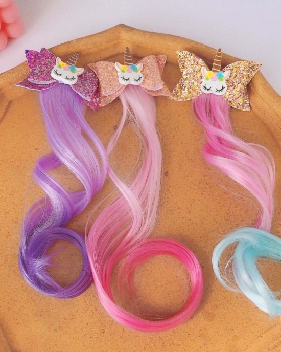 Girls Cute Unicorn Hair Clips Gradient Color Wig