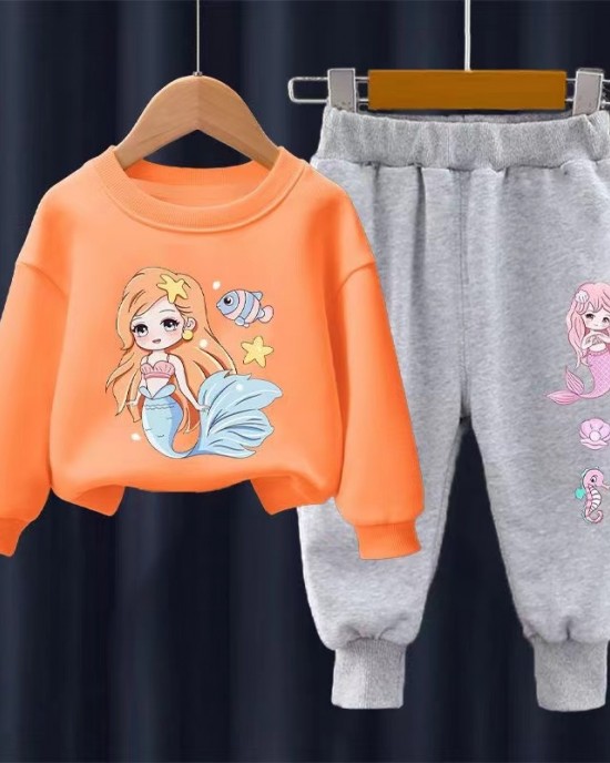 【18M-11Y】2-piece Girls Cute Mermaid Print Sweatshirt And Pants Set - 34287