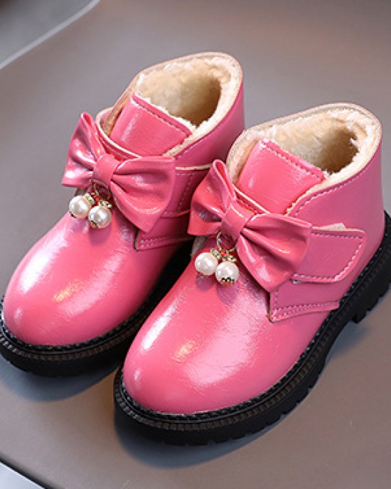 Girls Fashion Bow PU Boots Warm Fleece Shoes