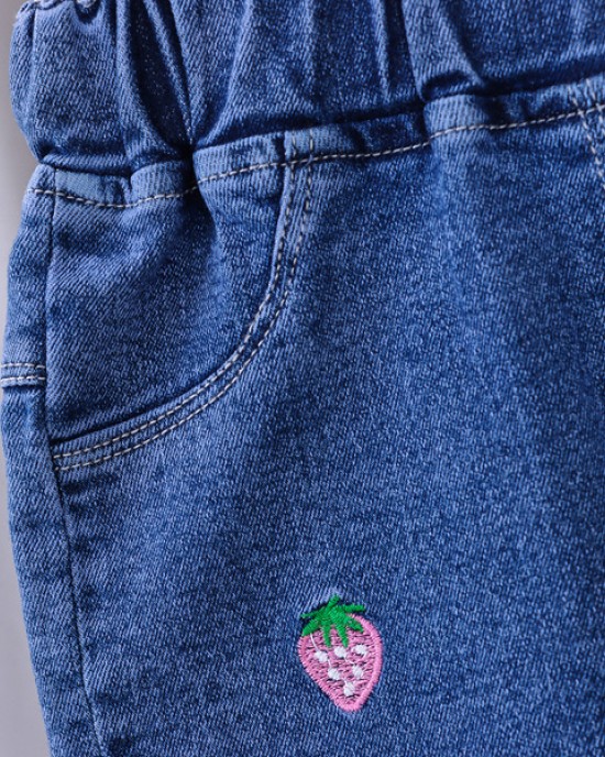 【12M-5Y】Girls Cute Bunny And Cartoon Embroidery Blue Jeans