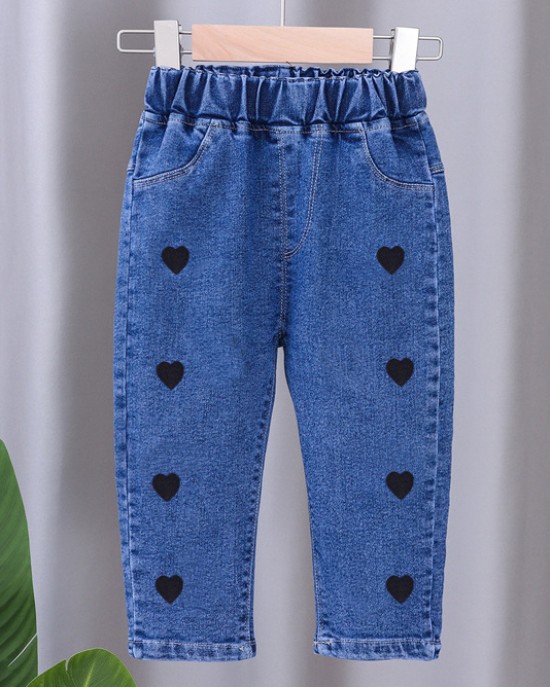 【12M-5Y】Girls Cute Bunny And Cartoon Embroidery Blue Jeans