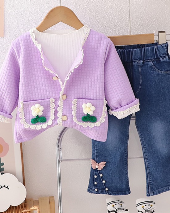 【12M-5Y】3-piece Girls Fashionable White T-shirt And Flower Embroidered Cardigan And Jeans Set - 34427