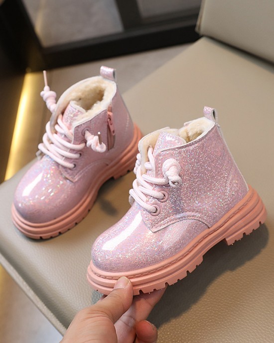 Girls Fashion Shiny PU Boots Thickened Fleece Short Boots