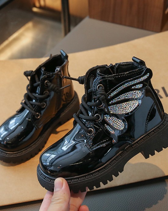 Girls Cute Diamante Butterfly Wings PU Boots