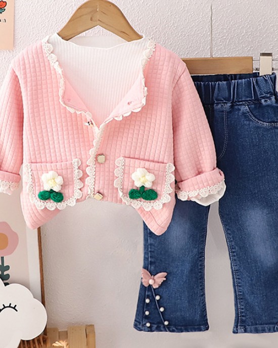 【12M-5Y】3-piece Girls Fashionable White T-shirt And Flower Embroidered Cardigan And Jeans Set - 34427