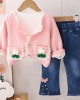 【12M-5Y】3-piece Girls Fashionable White T-shirt And Flower Embroidered Cardigan And Jeans Set - 34427