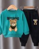 【18M-10Y】2-piece Unisex Slack Bear Print Crewneck Sweatshirt And Pants Set