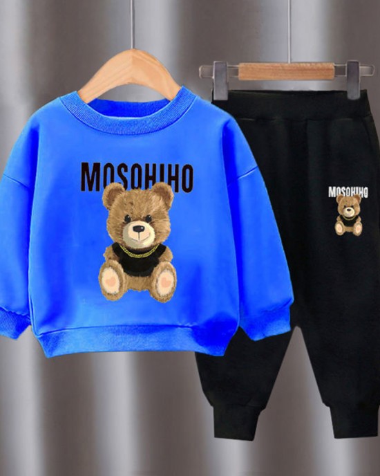 【18M-10Y】2-piece Unisex Slack Bear Print Crewneck Sweatshirt And Pants Set