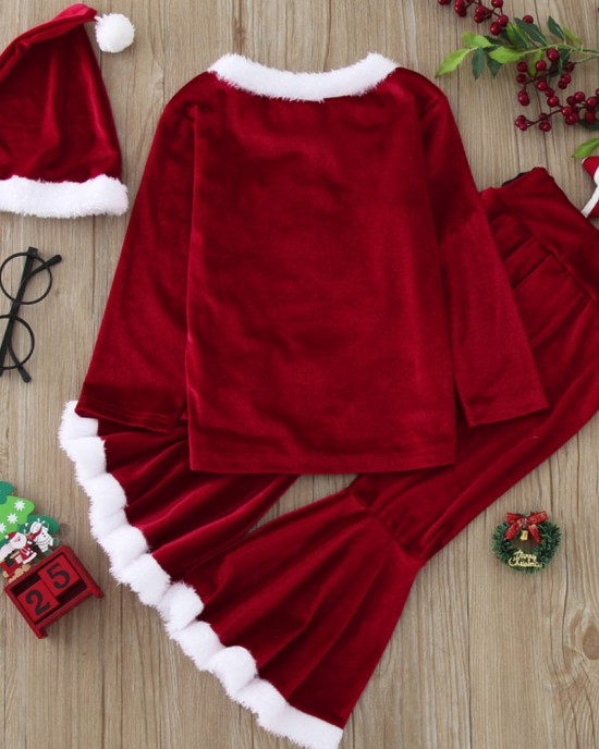 【12M-7Y】3-piece Girls Sweet Red Velvet Christmas Print Plush Top And Flare Pants Set - 34252