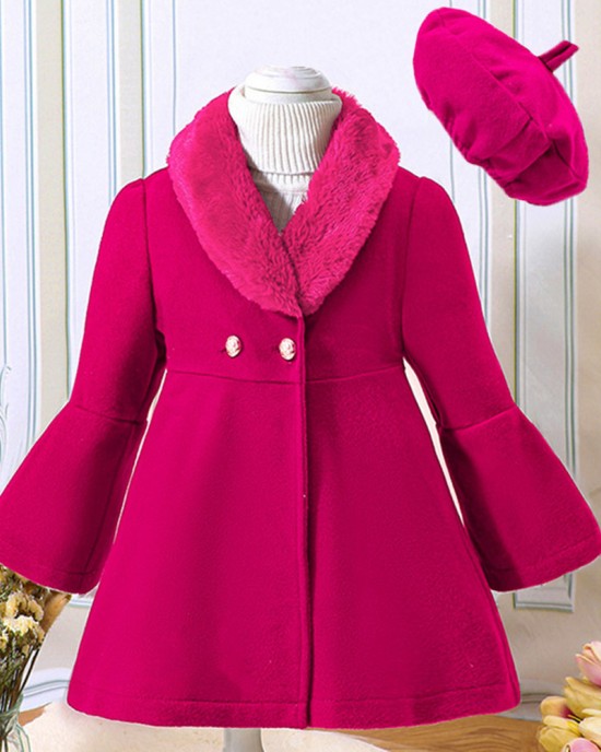 【18M-6Y】2-piece Girl Elegant Christmas And New Year Red Tweed Keep Warm Plush Stitching Collar Bell Sleeve Coat With Hat - 31117