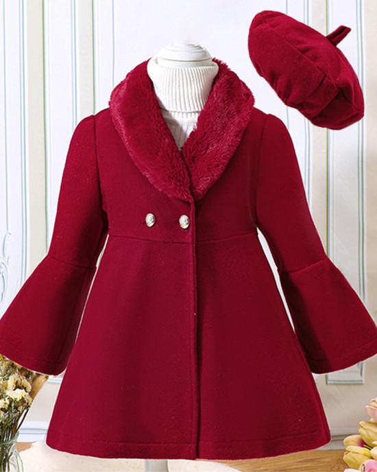 【18M-6Y】2-piece Girl Elegant Christmas And New Year Red Tweed Keep Warm Plush Stitching Collar Bell Sleeve Coat With Hat - 31117