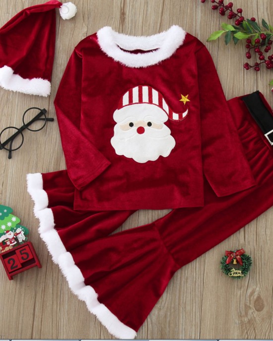 【12M-7Y】3-piece Girls Sweet Red Velvet Christmas Print Plush Top And Flare Pants Set - 34252