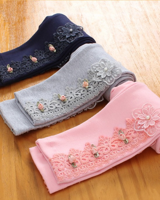 【12M-11Y】Girls Cotton Multicolor Lace AppliquÃ©d Leggings