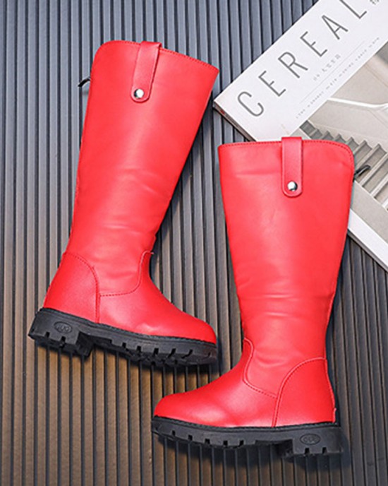 Girls Thick Solid Color PU Leather High Boots