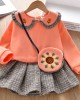 【18M-7Y】Girl 3-piece Doll Collar Sweatshirt And Plaid Pleated Skirt Set With Bag - 34157