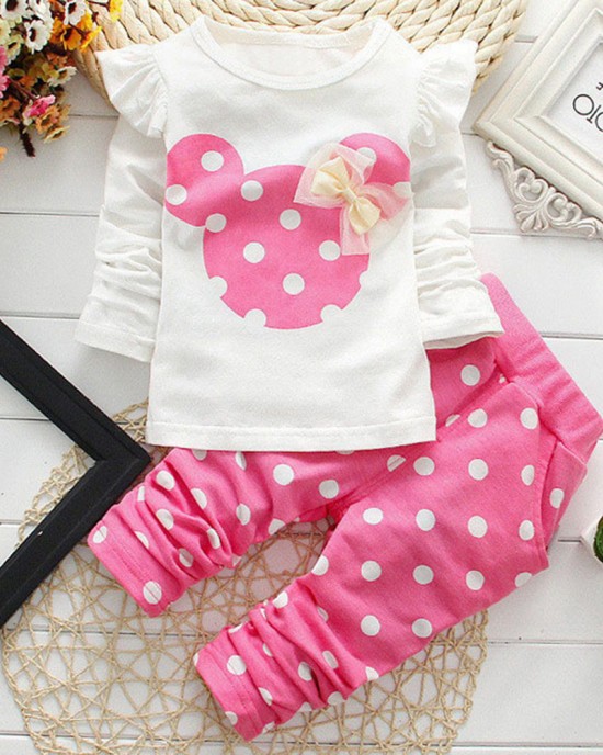 【9M-7Y】2-piece Girls Polka Dot Print Long-sleeved T-shirt And Pants Set - 34276