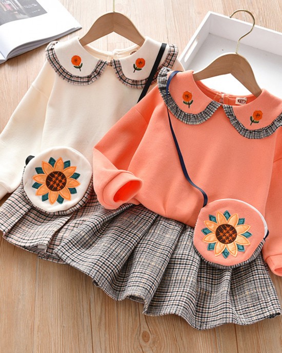 【18M-7Y】Girl 3-piece Doll Collar Sweatshirt And Plaid Pleated Skirt Set With Bag - 34157