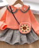 【18M-7Y】Girl 3-piece Doll Collar Sweatshirt And Plaid Pleated Skirt Set With Bag - 34157