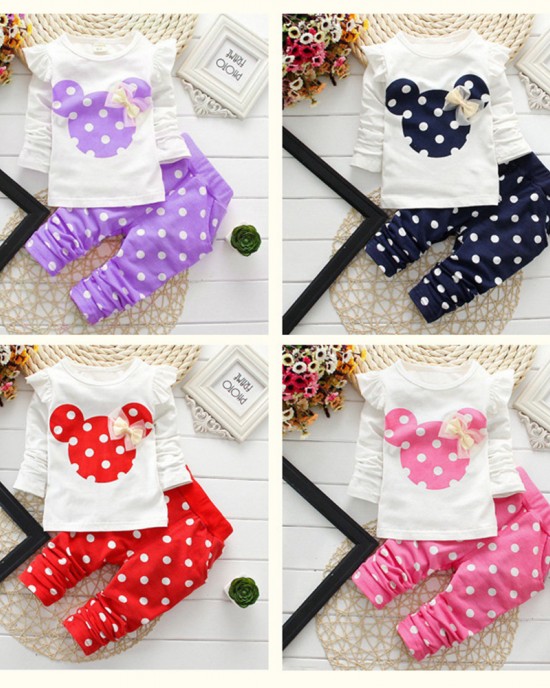 【9M-7Y】2-piece Girls Polka Dot Print Long-sleeved T-shirt And Pants Set - 34276