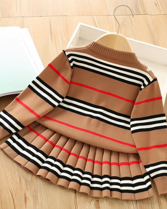 【18M-7Y】Girls Striped Sweater Cardigan And Pleated Skirt Set - 34271