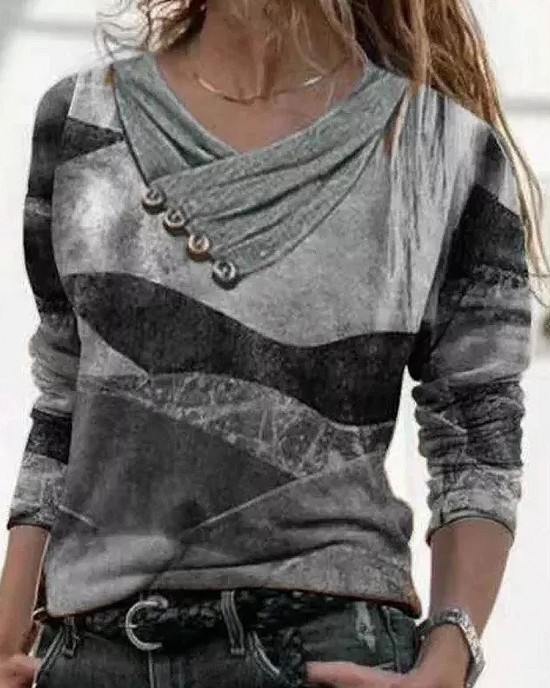 Printed Cross V-Neck Long Sleeve Sweatshirt HF2507-01-01