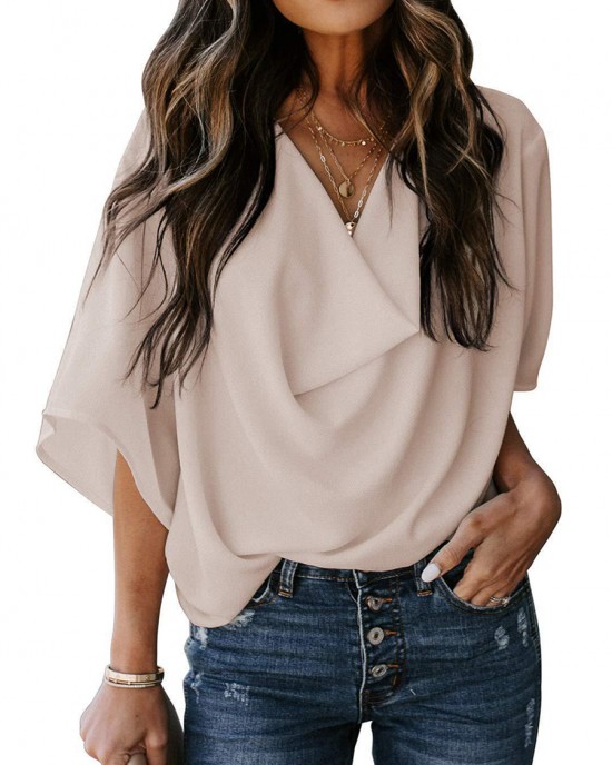 V- Neck Lady Tops Loose Comfortable Soft Women T Shirts HF2615-04-01