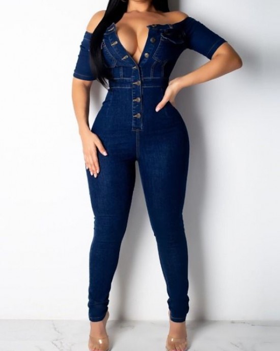 Collar Short Sleeve Buttons Bodycon Denim Jumpsuit Overalls HF2616-02-02