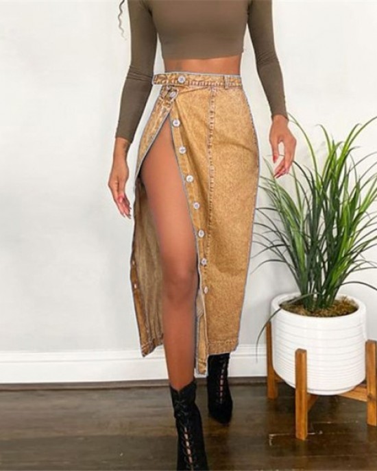 Idle denim skirt with a slit and buttocks wrapped skirt HF3210-04-04